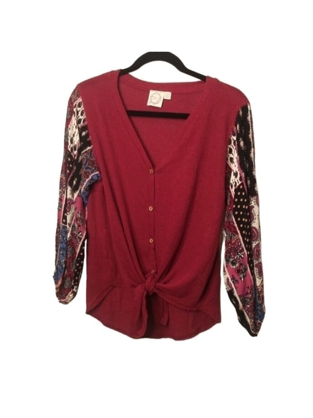 Francesca's Blue Rain button up tie maroon knit top XXS paisley boho